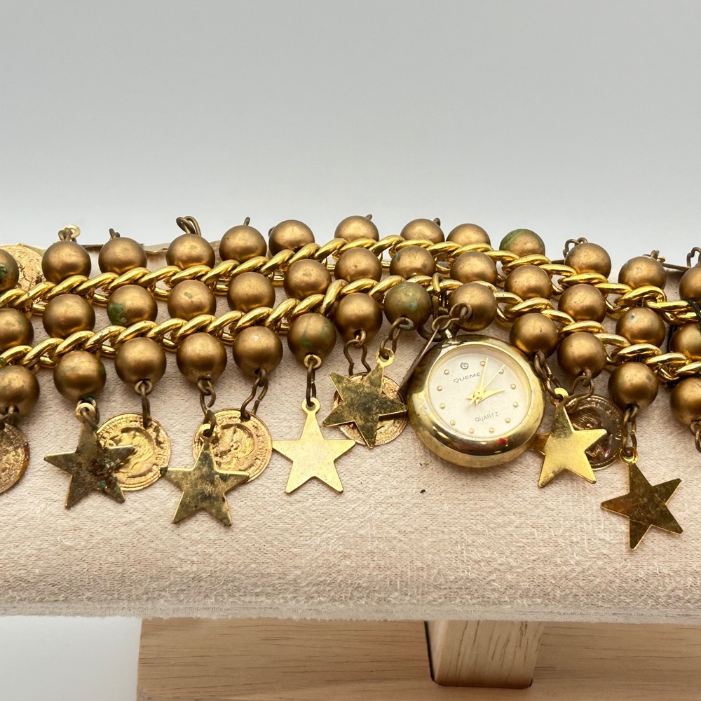 Vintage Enmex Quartz Charm Bracelet Watch – Gold Tone Stars & Coins Boho - Picture 6 of 13